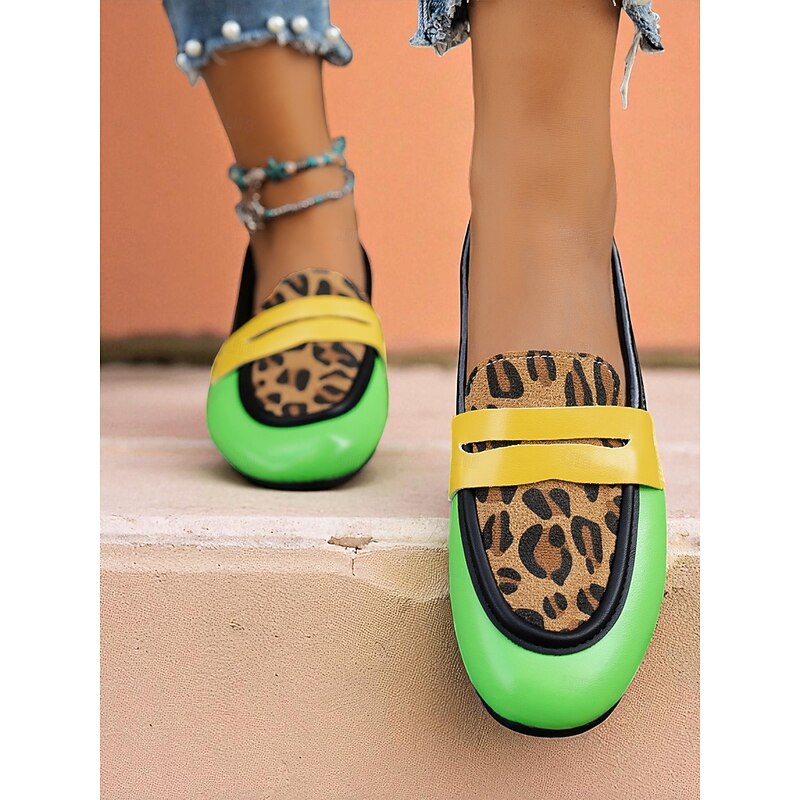 Women's Leopard Print Colorblock Loafers with Pink Strap – Bold Casual Flats for Fashion-Forward Street Style and Everyday Wear