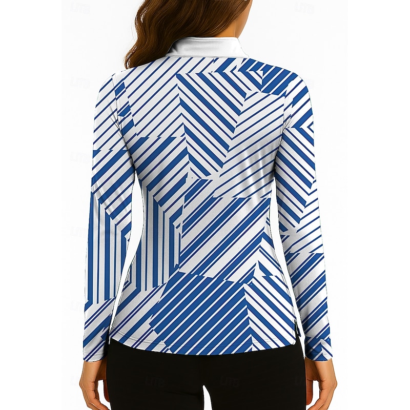 Women's Geometric Tops Golf Polo Shirt Tennis Shirt Long Sleeve Print Quarter Zip Pullover UV Protection Elastic Breathable Tennis Golf Pickleball Zip Collar Shirt Polo Blue and White Tennis Clothing2