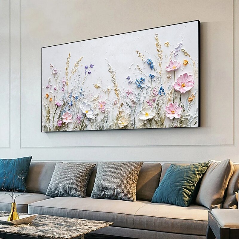 Handmade Oil Painting Hand Painted Horizontal Abstract 3D Color Palette Knife Floral / Botanical Modern Rolled Canvas (No Frame)3