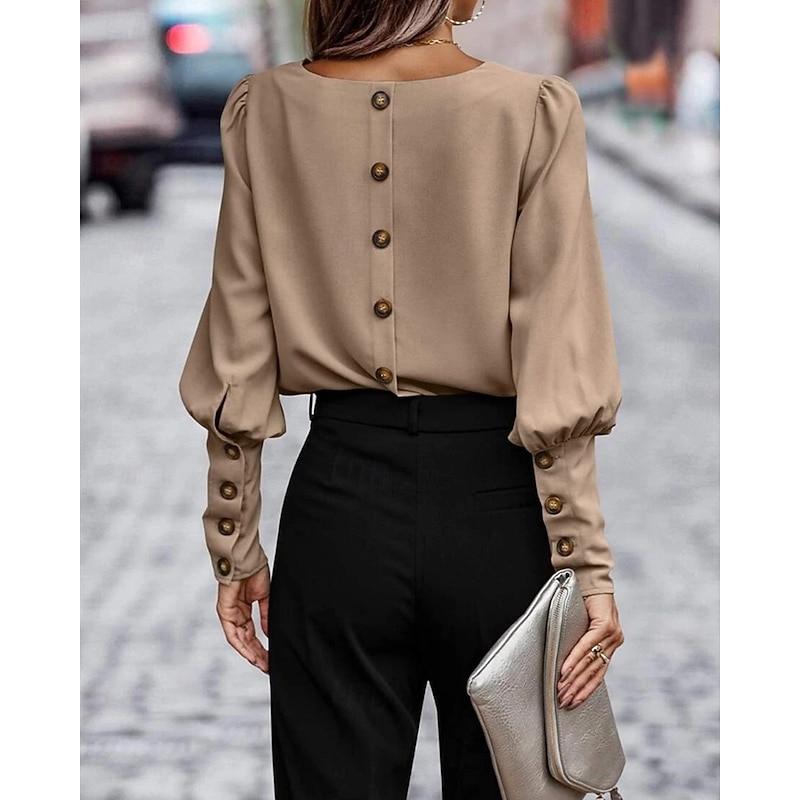 Women's Shirt Texture Blouse Plain Daily Stylish Basic Long Sleeve Crew Neck Regular Tops Work Daily Holiday Buttons Black Army Green Brown Spring Fall4