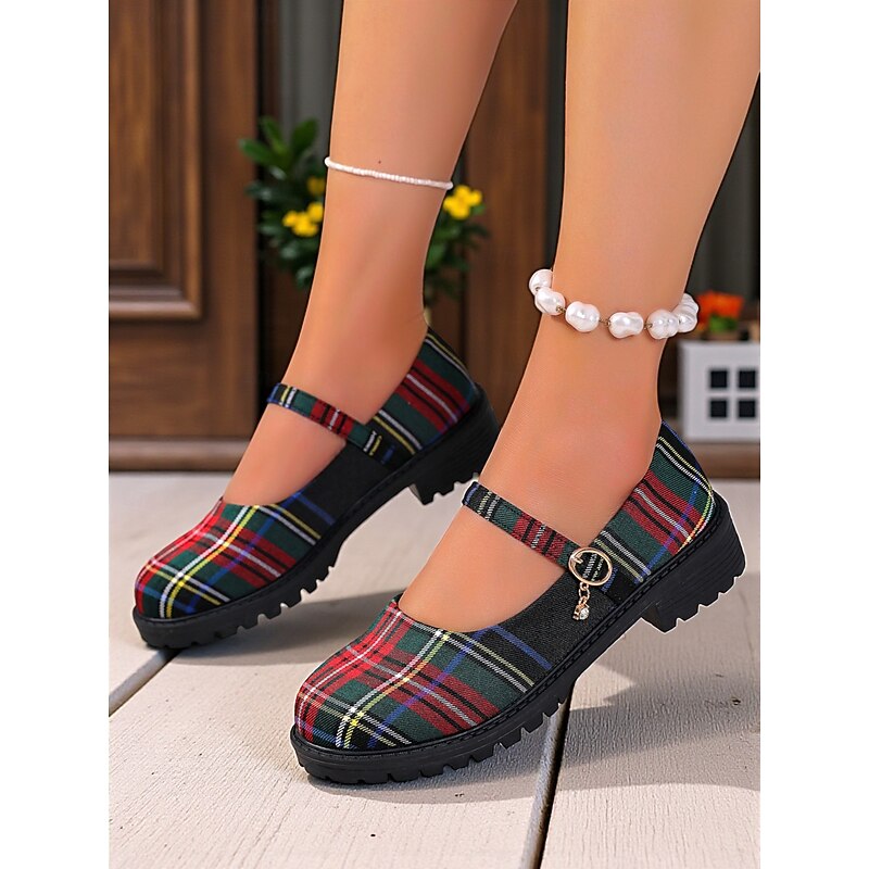 Women's Red Plaid Mary Jane Flats - Chunky Sole Tartan Shoes with Buckle Strap, Casual School Style for Teens and Fall Outfits4