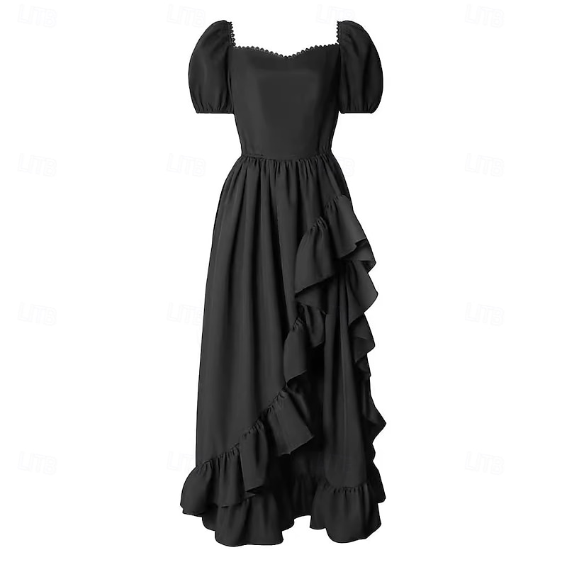 Retro Vintage Medieval Renaissance Midi Dress Viking Elven Ruffle Asymmetric Hem Square Neck Fancy Dress Women's Fantasy Halloween Carnival Vacation Casual Daily LARP Adults Dress Summer