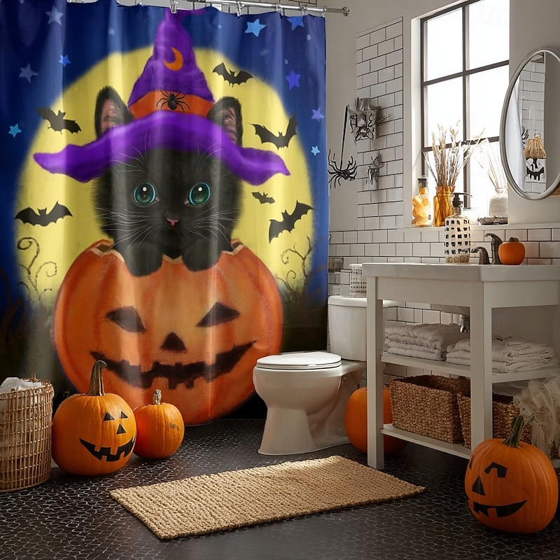 Halloween Cat by Kayomi Harai Halloween ShowerCurtain with Hooks Polyester Washable Waterproof Pattern Bathroom Bathtub Decor2