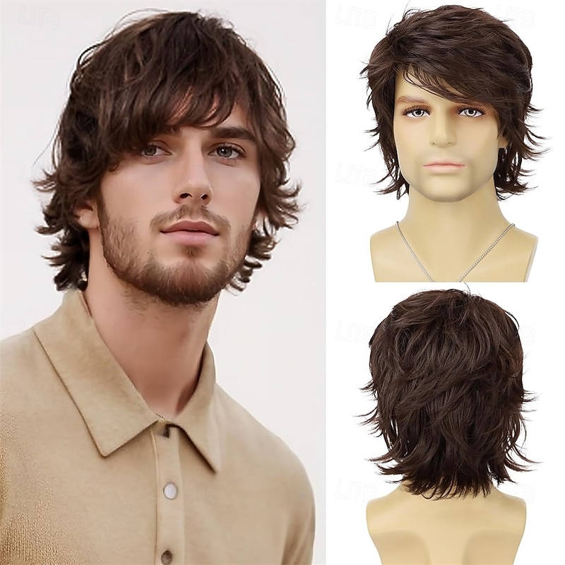Mens Light Brown Wig Short Layered Natural Wavy Synthetic Heat Resistant Hair Wigs Male Guy Daily Party Costume Halloween Cosplay Wigs
