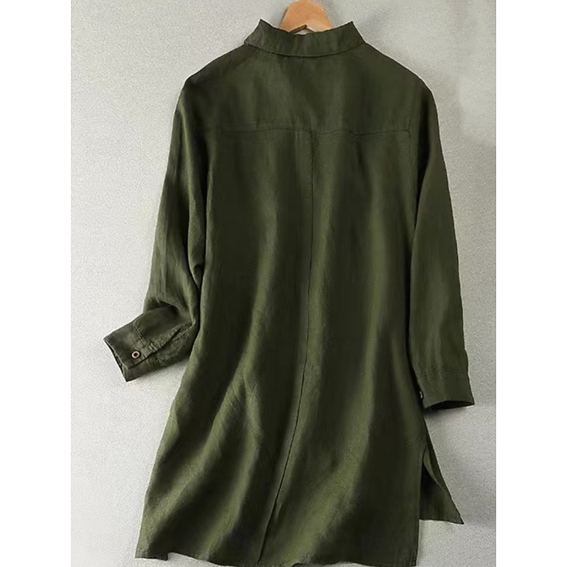Women's Cotton Linen Shirts Solid Color Stylish Basic Casual Long Sleeve Shirt Collar Long Tops Daily Buttons White Army Green Khaki Summer Fall3