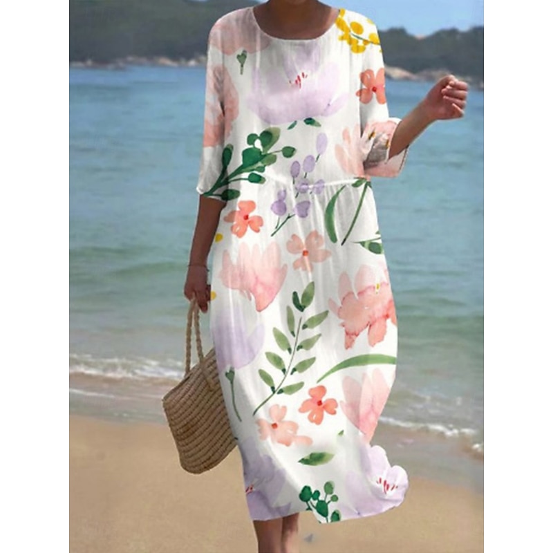 Women's Midi Dress Casual Dress Print Dress Fashion Modern Daily Beach Weekend Regular Fit Floral 3/4 Length Sleeve Crew Neck White Pink Light Purple Purple Spring Fall Autumn