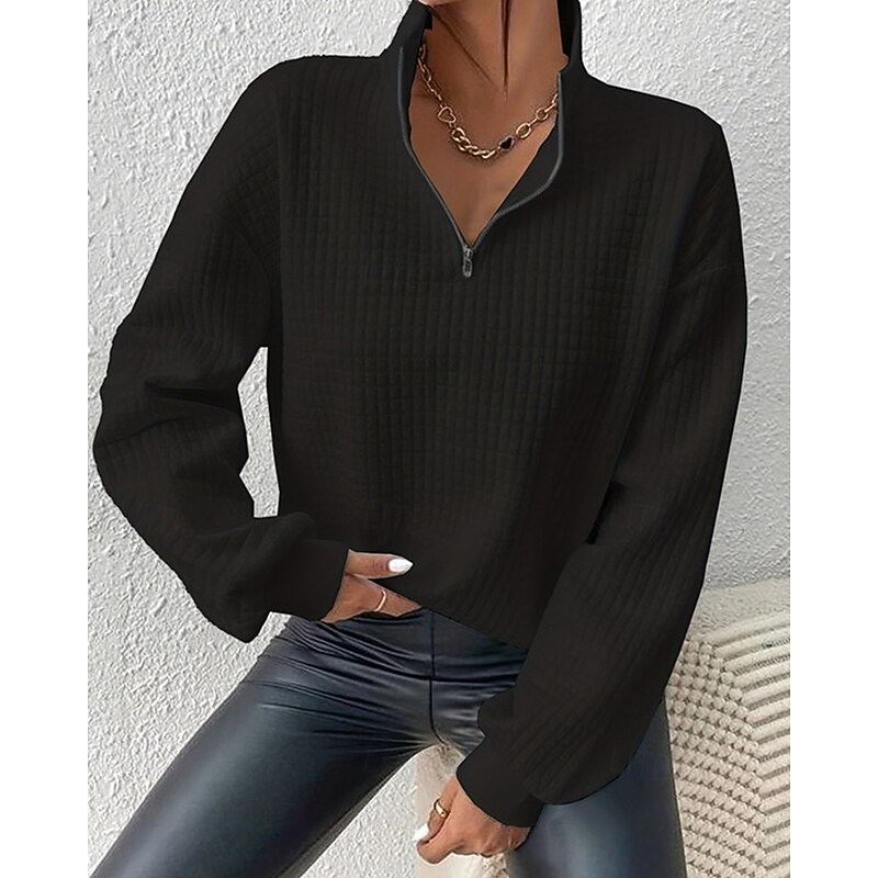 Women's Texture Sweatshirt Pullover Plain Streetwear Casual Comfy Long Sleeve V Neck Regular Tops Street Holiday Going out Half Zipper Quarter Zipper Quarter Zip Black Fall2