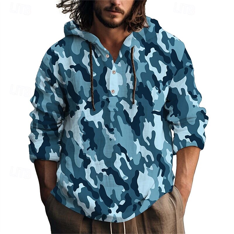 Men's Shirt Popover Shirt Summer Shirt Casual Shirt Beach Shirt Royal Blue Blue Army Green Long Sleeve Camouflage Hooded Vacation Holiday Drawstring Clothing Apparel Polyester Fashion Casual