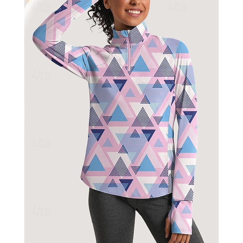 Women's Geometric Golf Polo Shirt Tennis Shirt Long Sleeve Print Quarter Zip Pullover UV Protection Elastic Breathable Tennis Golf Pickleball Zip Collar Shirt Polo Pink Blue Tennis Clothing4