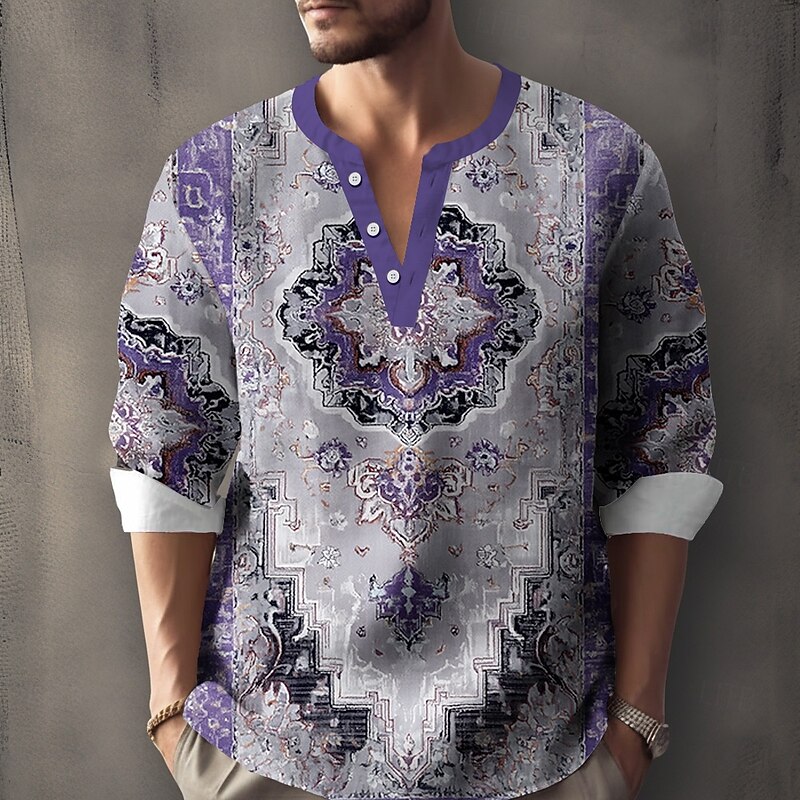 Men's Floral Print Flowers Shirt Henley Shirt Tunic Shirts Long Sleeve Ethnic Boho Outdoor Vacation Daily Summer Spring V Neck Button Up 3D Print Linen Like Shirt Purple Green2