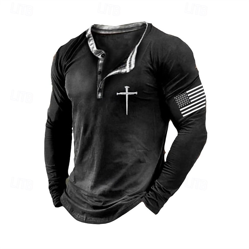 Men's T Shirt Henley Shirt Tee Tee Top Long Sleeve Henley Spring Fall Cross National Flag Fashion Designer Basic Print Vacation Street Going out Black Green Dark Gray Top Tee for Men