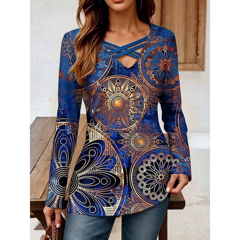 Women's T Shirt Graphic Geometric Mandala Vintage Stylish Classic Long Sleeve V Neck Regular Tops Daily Cut Out Print Navy Blue Spring Fall