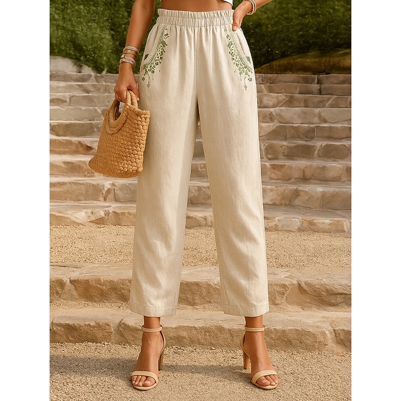 Women's Cotton Linen Pants Chinos Fashion Basic Full Length High Waist Floral Embroidered Comfort Outdoor Micro-elastic Vacation Street Daily White Yellow Apricot Coffee Summer Spring Fall Regular Fit