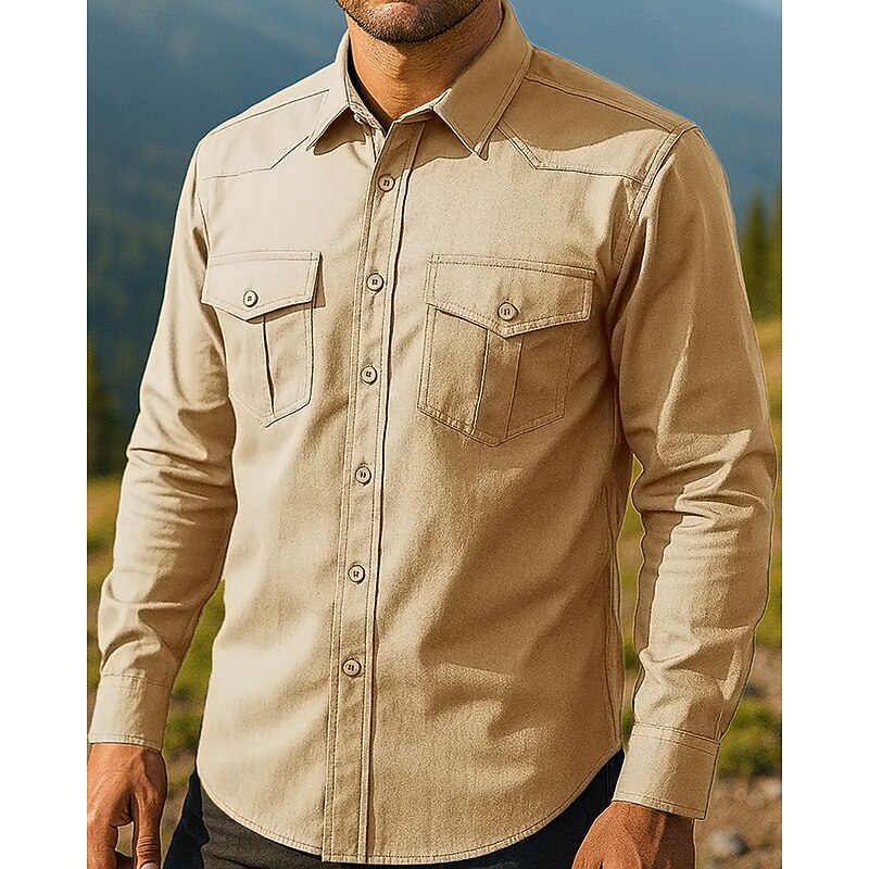 Men's Cargo Shirt Long Sleeve Turndown Top Outdoor Soft Breathable Polyester Black Green Khaki Tennis Golf Running4