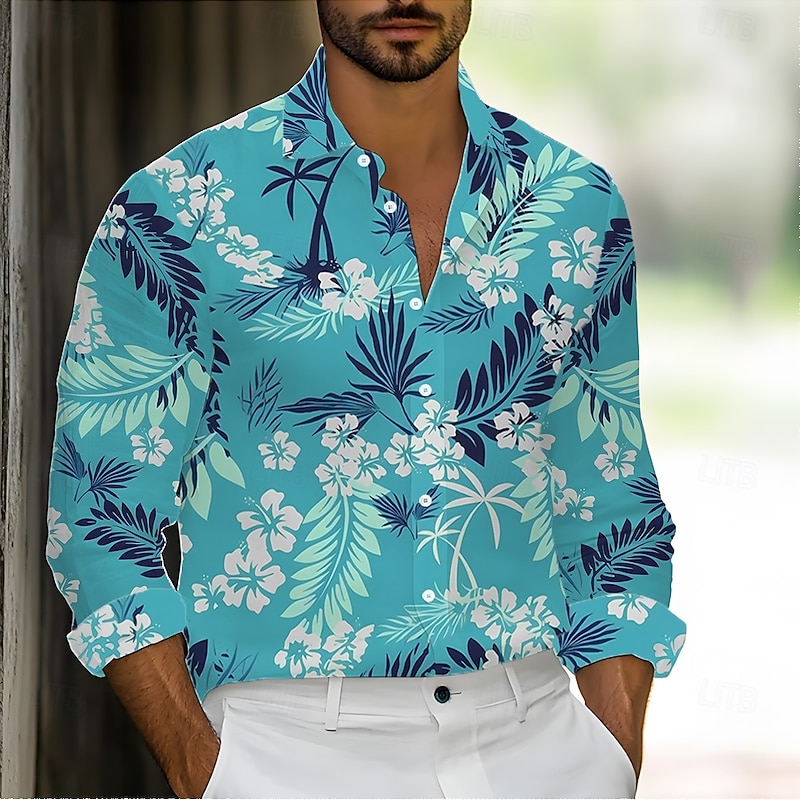 Men's Tropical Flowers Palm Leaf Shirt Summer Hawaiian Shirt Button Up Shirt Long Sleeve Hawaiian Holiday Streetwear Summer Spring Turndown 3D Print Collared Shirts Blue Green Light Blue Rose Red