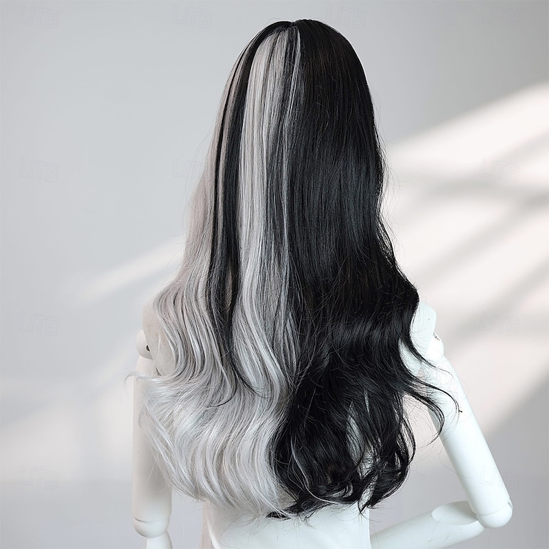 24-Inch Black and Gray Wavy Wig for Women – Fashionable Two-Tone Hair with Bangs, Perfect for Halloween Costumes and Everyday Fashion4