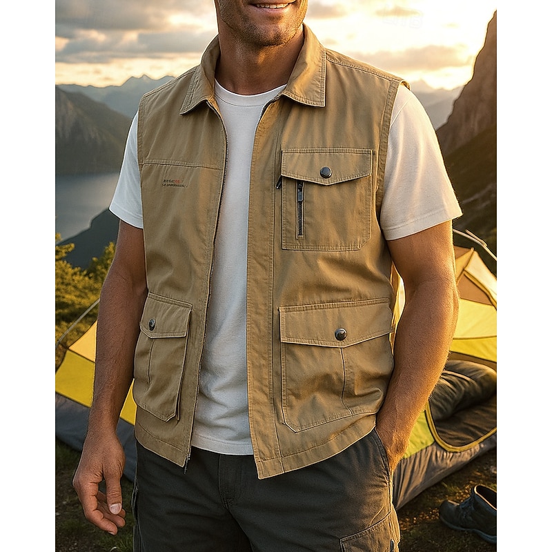 Men's Cargo Vest Utility Vest Sleeveless Vest Outdoor Waterproof Windproof Zipper Pocket Nylon Black Army Green Blue Hunting Fishing Climbing