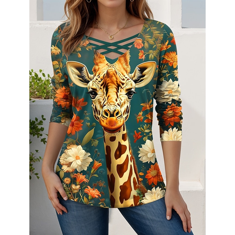 Women's T shirt Long Sleeve Graphic Animal Giraffe Vintage Stylish Classic Long Sleeve V Neck Regular Tops Daily Cut Out Print Pink Blue Green Rose Pink Spring Fall Prefall4