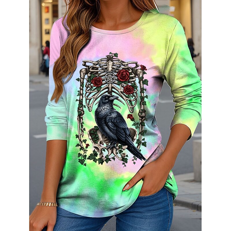 By Sarah Richter Halloween Women's T Shirt Skulls Crew Neck Long Sleeve Tunic Graphic Tie Dye Vintage Stylish Classic  Regular Tops Daily Print Pink Purple Green Fall3