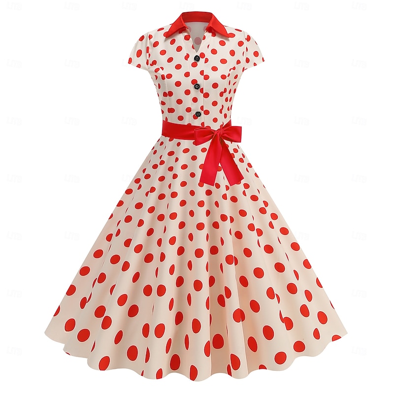Retro Vintage 1950s Rockabilly Midi Swing Dress Flare Dress Shirt Dress Fit and Flare Polka Dot Fancy Dress Women's Halloween Carnival Vacation Casual Daily Retro Theme Party Adults' Dress Belt