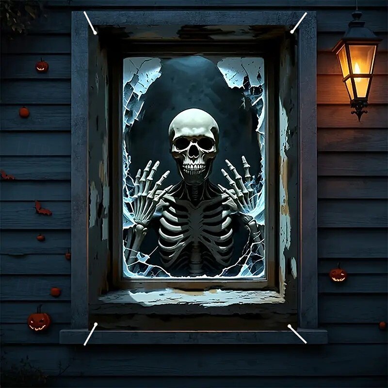Halloween Window Curtain Skeleton with Outstretched Hands, Creepy Door Cover, Window cover,  Wall Tapestry for 2025 Halloween Haunted House Decoration