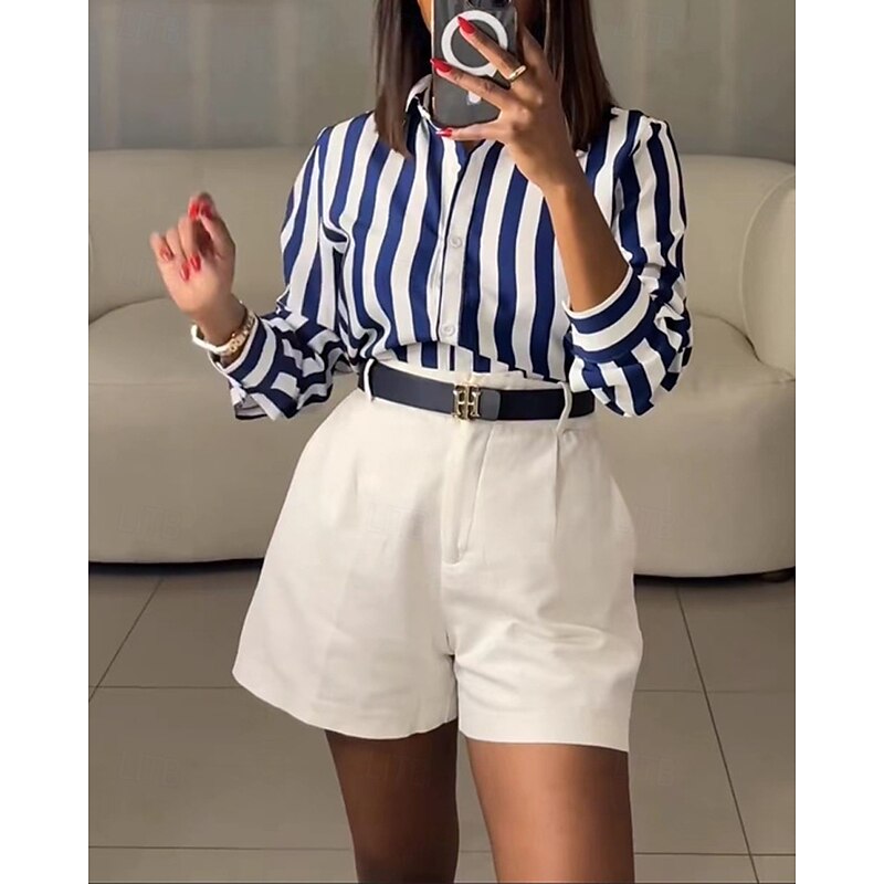 Women's Shirt Summer Tops Striped Daily Stylish Basic Long Sleeve Shirt Collar Regular Tops Work Daily Holiday Buttons Blue Spring Fall3