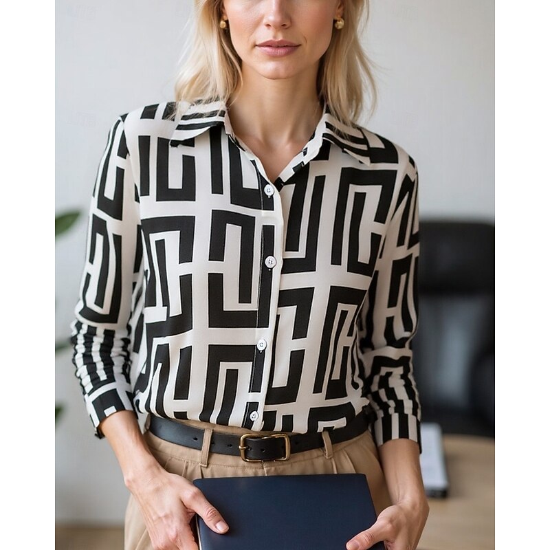 Women's Blouse Dressy Tops Chiffon Tops Geometric Color Block Elegant Daily Stylish Long Sleeve Shirt Collar Regular Tops Work Daily Buttons Print Black And White Black White Beige Spring, Fall4