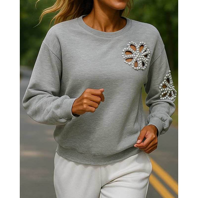 Women's Pullover Sweatshirt Casual Tops Hollow Long Sleeve Top Athleisure Solid Colored Fashion Breathable Outdoor Sportswear Activewear Gray3