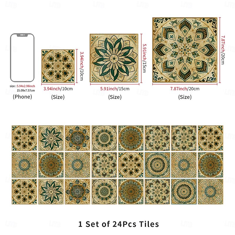 24pcs Moroccan Style Tile Stickers, Thickened Crystal Film PVC Wall Decals, Waterproof & Oil-proof, Removable Retro Tile Wall Decor for Bathroom Kitchen Vintage Home2