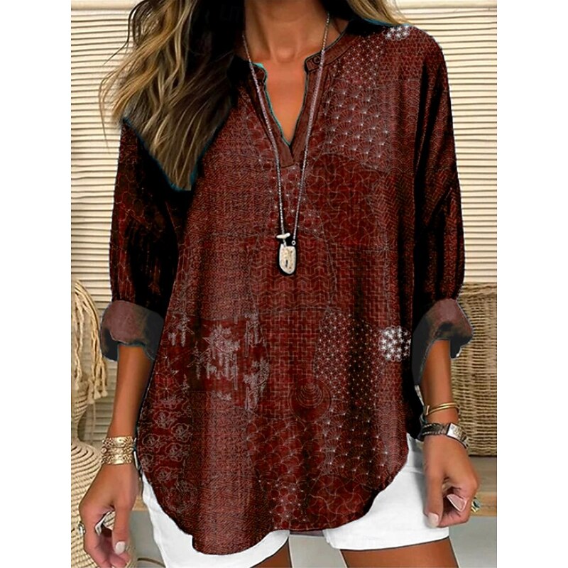 Women's Shirt Geometric Color Block Stylish Modern Long Sleeve V Neck Regular Tops Daily Holiday Buttons Print Maroon Black Blue Brown Summer4
