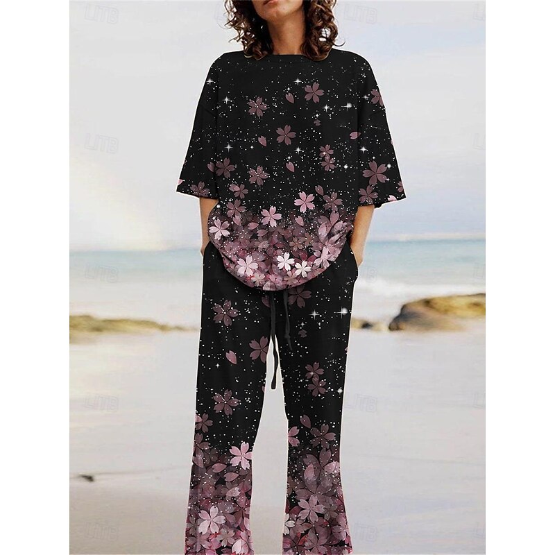 Women's Active Fashion Pants Sets 3/4 Length Sleeve Crew Neck Floral Print Vacation Daily Holiday Black Summer Regular Fit