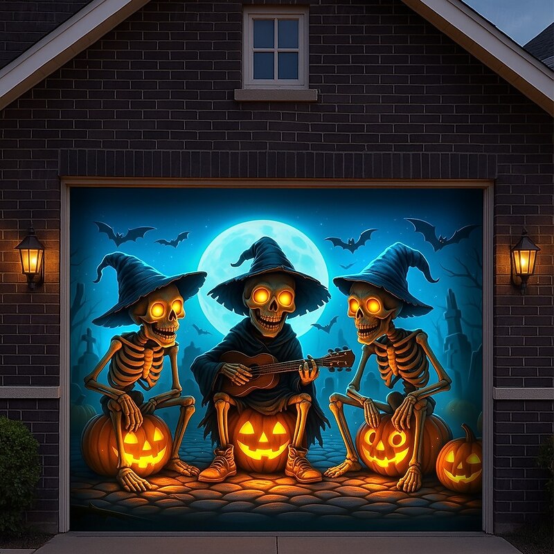 Halloween Garage Door Cover Flying Witch with Pumpkins Banner, Large Tapestry Backdrop Decoration for Holiday Outdoor Garage Door and Home Wall, 2025 Halloween Decorations