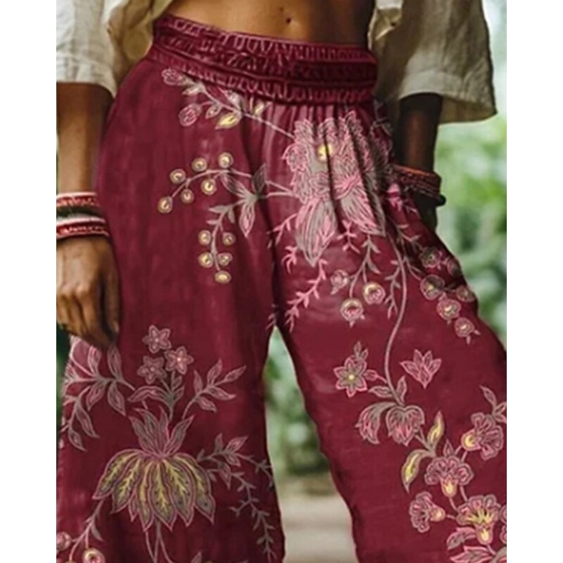 Women's Wide Leg Pants Trousers Palazzo Pants Fashion Boho Full Length High Waist Flower Elastic Waist Print Breathability Comfortable Street Daily Wear Going out Wine Spring Fall Regular Fit2