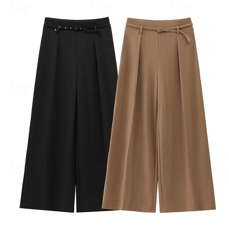 Women's Wide Leg Slacks Streetwear Casual Full Length Natural Plain Elastic Waist Comfortable Street Holiday Daily Wear Black Khaki Fall Regular Fit