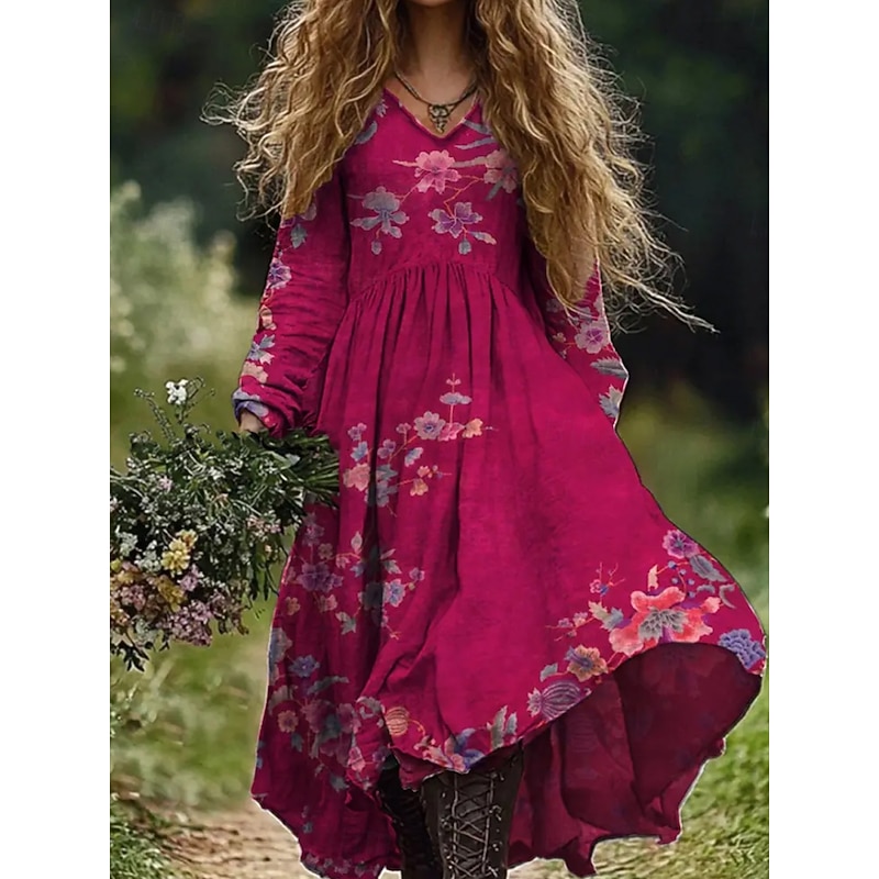 Women's Maxi Dress Sundress Pleated Dress Vacation Casual Boho Going out Beach Floral Graphic Paisley Long Sleeve V Neck Deep Green Wine Dark Pink Blue Summer Spring2