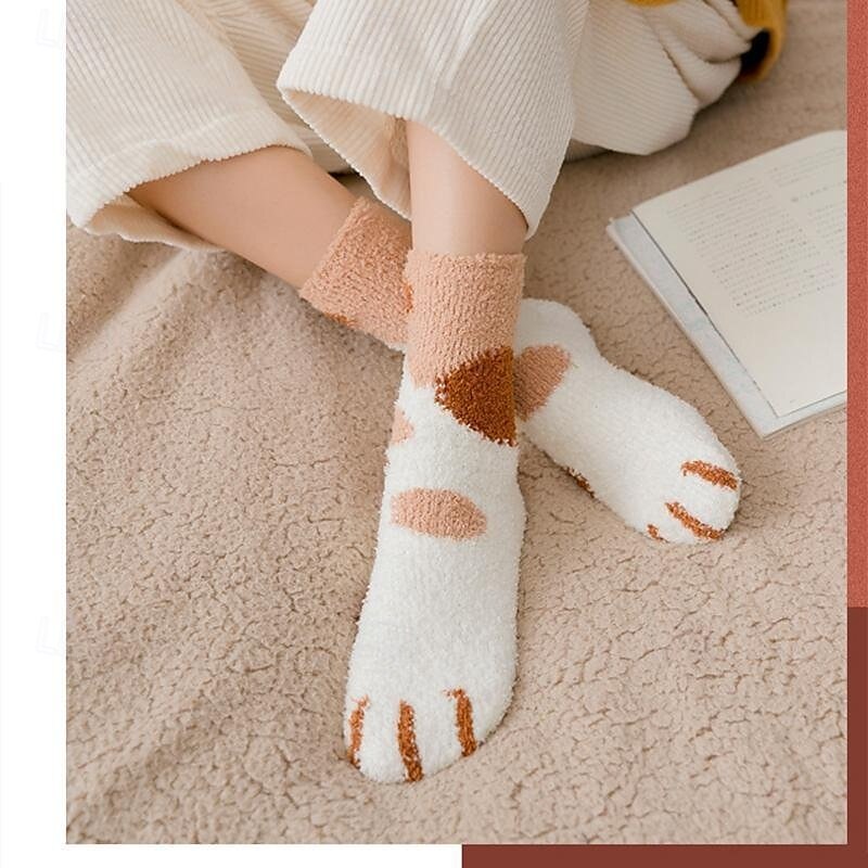 3 Pairs Cute Cat Claw Socks Fuzzy Coral Fleece Winter Warm Sleep Socks for Women Cozy Mid Calf Thick Soft Indoor Floor Socks4