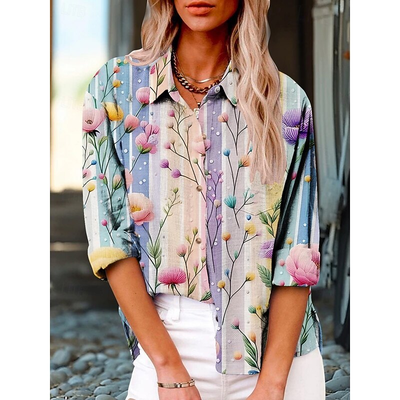Women's Shirt Floral Active Daily Stylish Long Sleeve Shirt Collar Regular Tops Daily Holiday Buttons Print Blue Purple Green Summer Spring Fall2