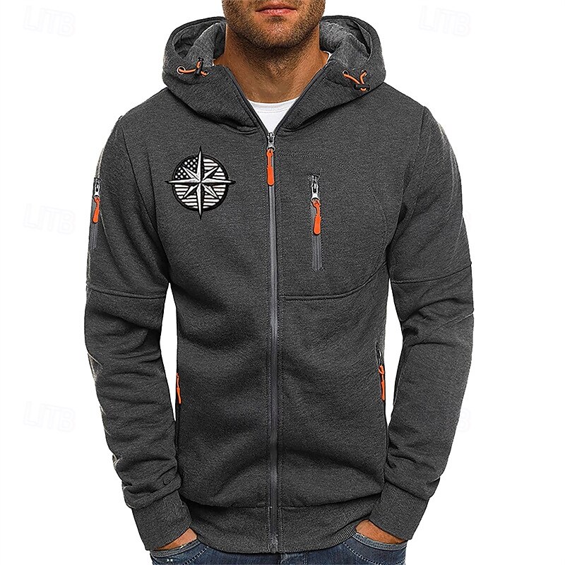 Men's Hoodie Full Zip Hoodie Black White Navy Blue Light Grey Dark Gray Hooded Print Zip Up Patchwork Sports & Outdoor Daily Holiday Polyester Streetwear Basic Casual Spring Fall Clothing Apparel3