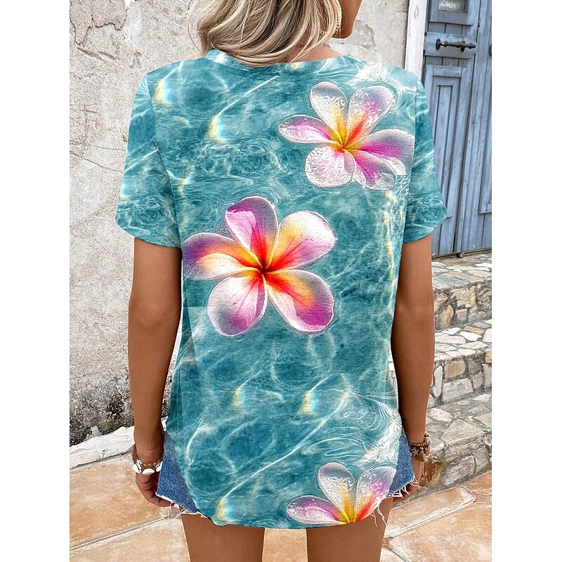 Women's T Shirt Floral Graphic Plants Vintage Stylish Casual Short Sleeve V Neck Regular Tops Daily Print Blue Summer Spring3
