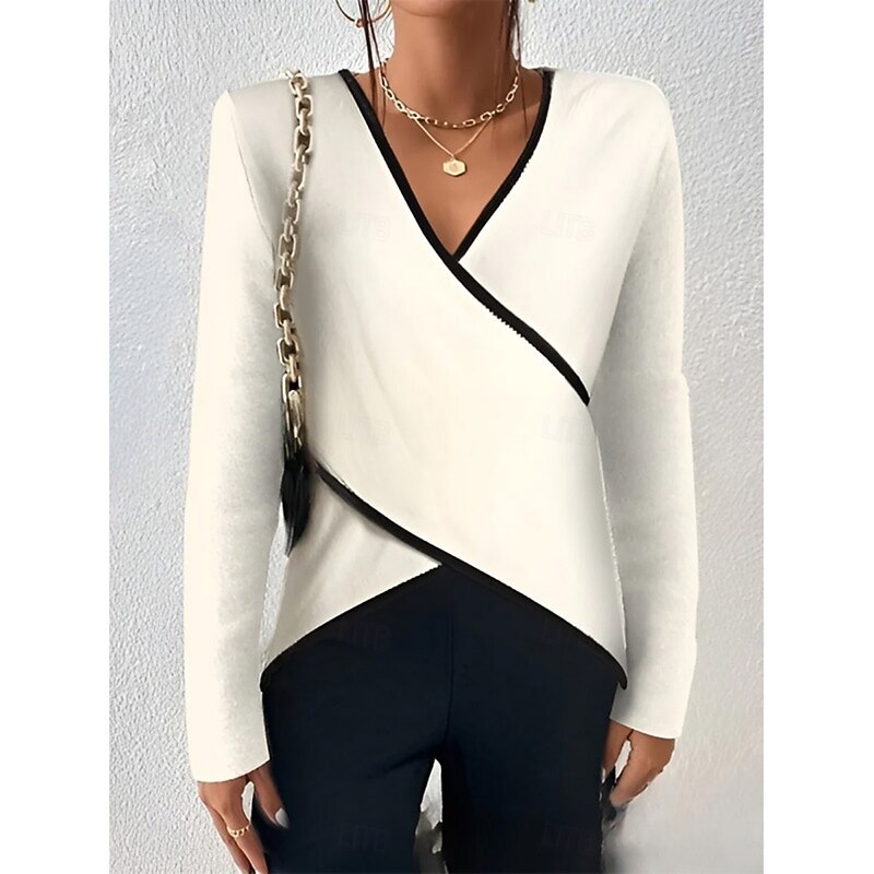 Women's Blouse Color Block Stylish Casual Long Sleeve V Neck Regular Tops Daily Criss Cross White Khaki Summer Spring Fall3