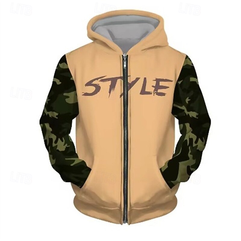 Men's Hoodie Full Zip Hoodie Black Brown Khaki Hooded Letter Camo / Camouflage Patchwork Pocket Sports & Outdoor Daily Holiday Polyester Streetwear Basic Casual Spring Fall Clothing Apparel Hoodies3