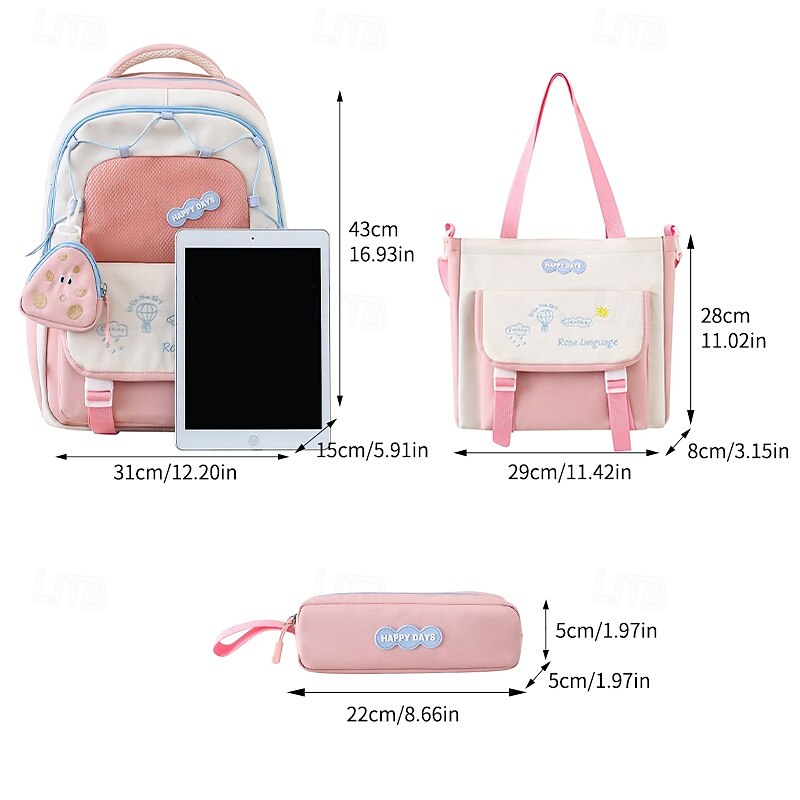 Back to School 3-Piece Yellow Backpack Set for Girls – Cute “Happy Days” School Bag with Tote, Pencil Case & Pouches – Lightweight Aesthetic Bookbag Kit2