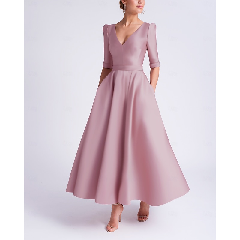 A-Line Wedding Guest Dress Cocktail Dresses Beach Wedding Elegant Dress Formal Wedding Guest Tea Length Half Sleeve V Neck Satin with Pocket Dresses