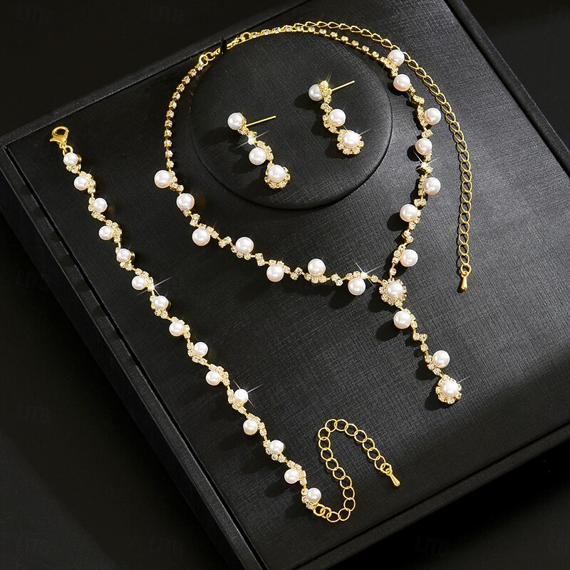 Bridal Jewelry Sets Three-piece Suit Pearl Rhinestone 1 Necklace 1 Bracelet Earrings Women's Classic Sweet Lovely Classic Drop Love Geometric Jewelry Set For Wedding Work Party Evening Wear3