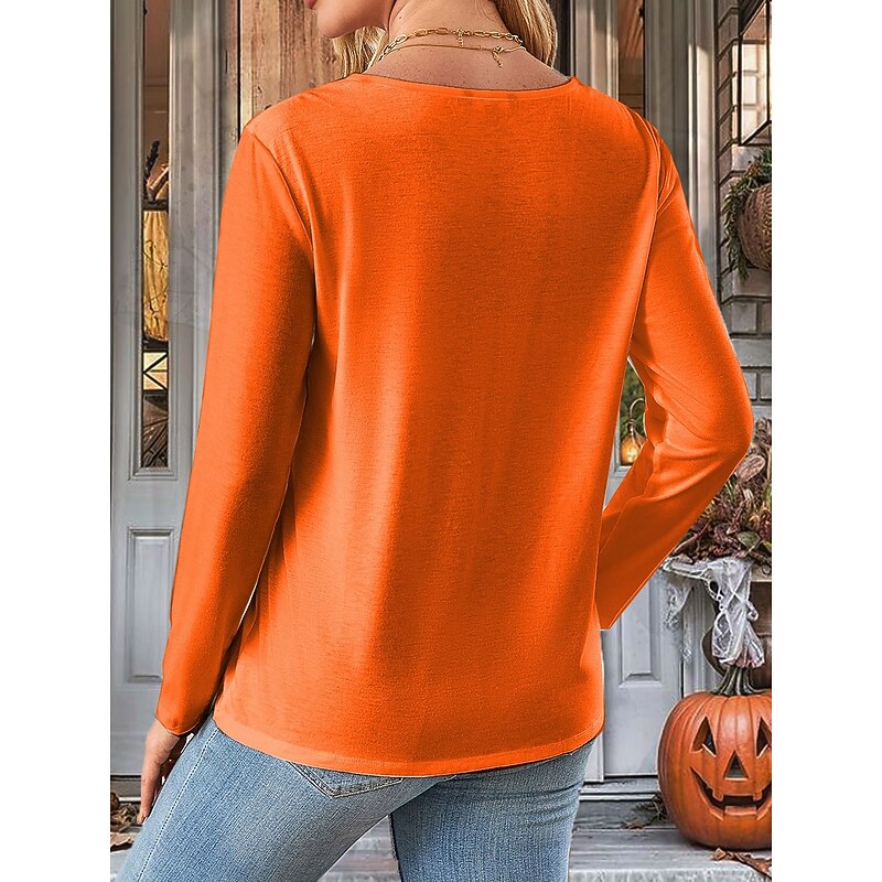 Halloween Women's T shirt Pumpkin V Neck Long Sleeve Tunic Graphic Elegant Vintage Stylish Regular Tops Daily Going out Weekend Print Blue Purple Orange Green Spring Fall2