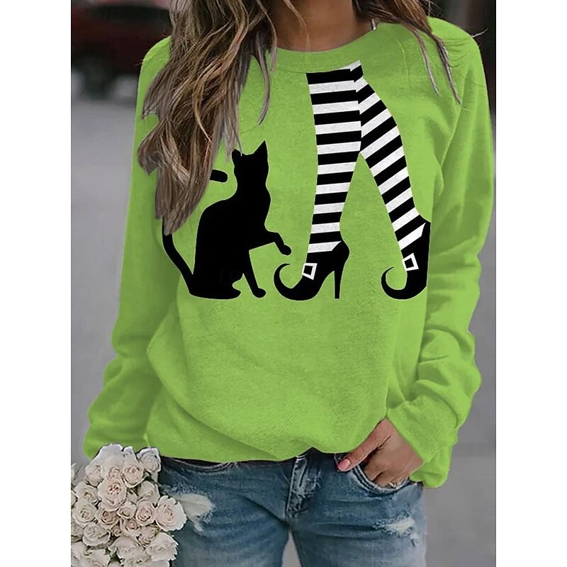 Halloween Women's Pullover Sweatshirt Witch Graphic Cat Casual Long Sleeve Crew Neck Regular Tops Street Casual Holiday Print Orange Green Spring Fall Winter