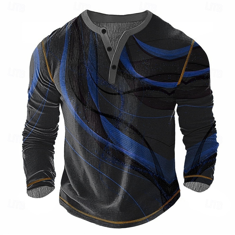 Men's Abstract Henley Shirt Waffle T Shirt Long Sleeve Vintage Daily Retro Vintage Sports Outdoor Casual Holiday Spring & Summer All Seasons Blue Yellow Green Red Grey Henley Henley T-Shirt3