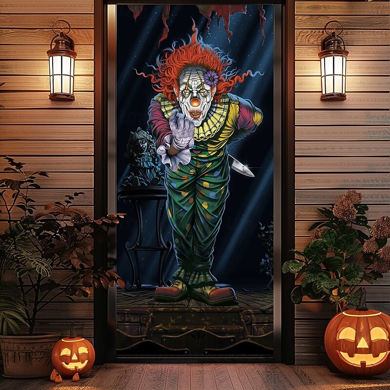Halloween Door Covers Surprise Clown by Vincent Hie Door Tapestry Door Curtain Decoration Backdrop Door Banner for Front Door Farmhouse Holiday Party Indoor Outdoor Decor Supplies2