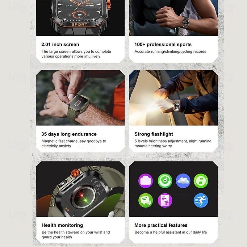 D16 Smart Watch 2.01 inch Smartwatch Fitness Running Watch Bluetooth Timer Call Reminder Heart Rate Monitor Sedentary Reminder Find My Device Compatible with Android iOS IP68 Men Heart Rate Monitor3