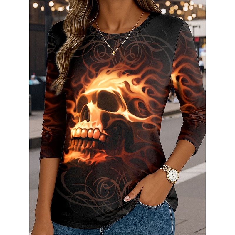 Fire  By Tom Wood Halloween Women's T Shirt Skulls Crew Neck Long Sleeve Tunic Graphic  Vintage Stylish Classic  Round Neck Regular Tops Daily Print Black Fall